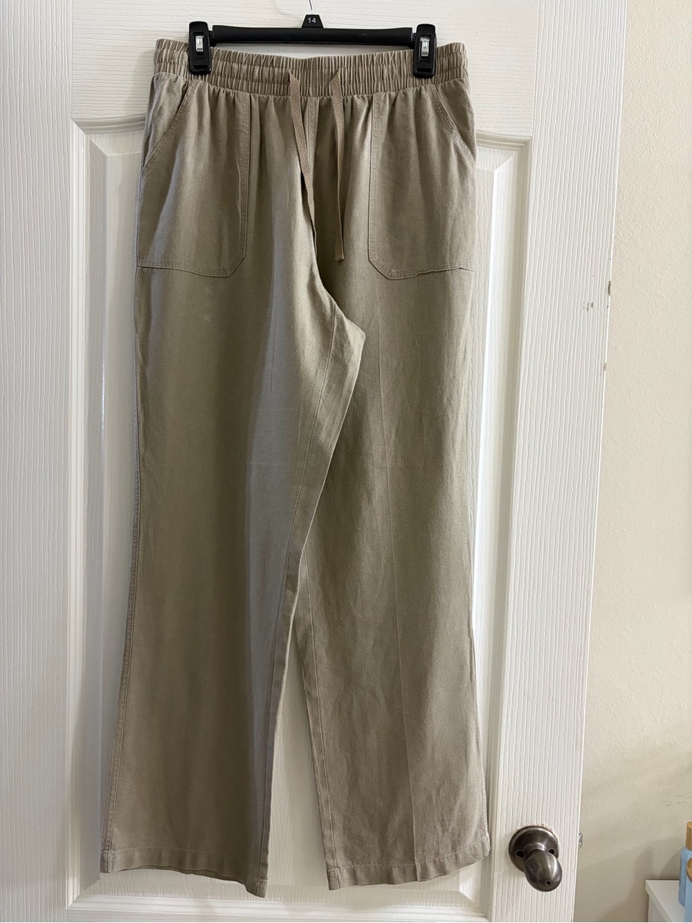 Women's Beige Linen Blend Wide Leg Pull On Pants Elastic Waist Casual Size M